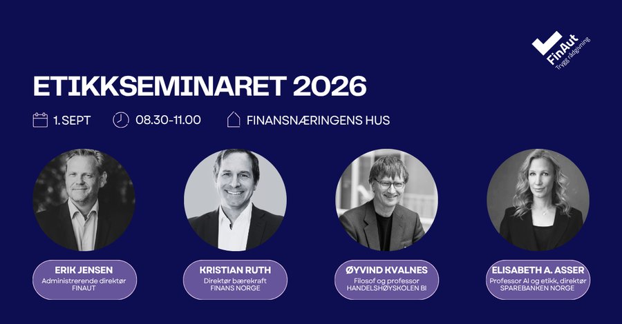 Foredragsholdere: Erik Jensen, adm dir i FinAut, Kristian Ruth, direktør bærekraft i Finans Norge, Øyvind Kvalnes, BI og Elisabeth Austad Asser, direktør i Sparebanken Norge.